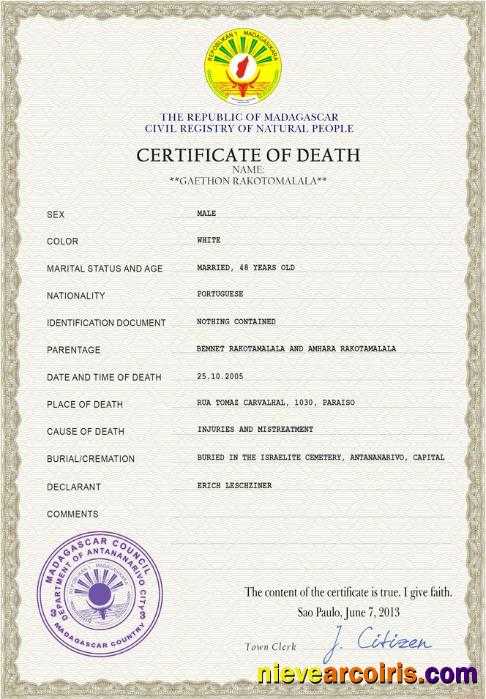 Madagascar vital record death certificate